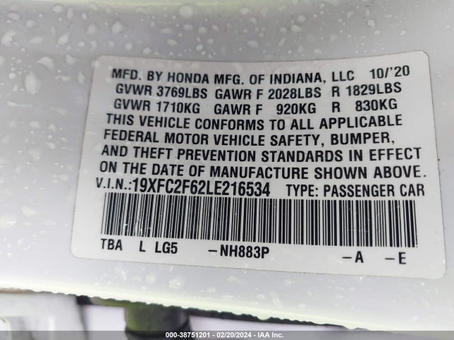 Honda Civic Lx 2020 19XFC2F62LE216534 Image 9