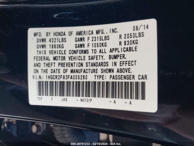 1HGCR2F83FA005290 Honda Accord Ex-l