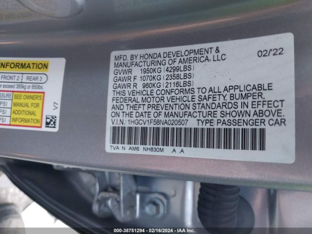 1HGCV1F58NA020507 Honda Accord Ex-l