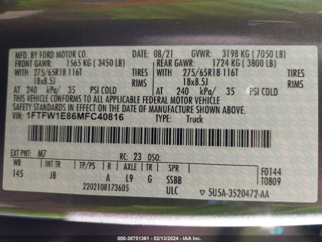 1FTFW1E86MFC40816 Ford F-150 Xl