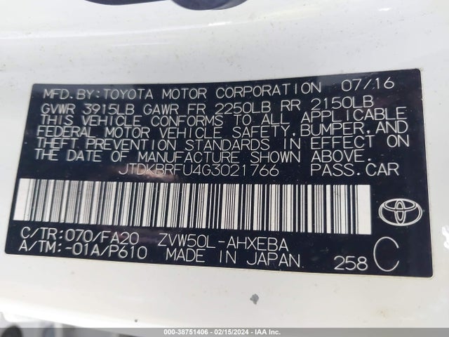 Toyota Prius Two 2016 JTDKBRFU4G3021766 Image 9