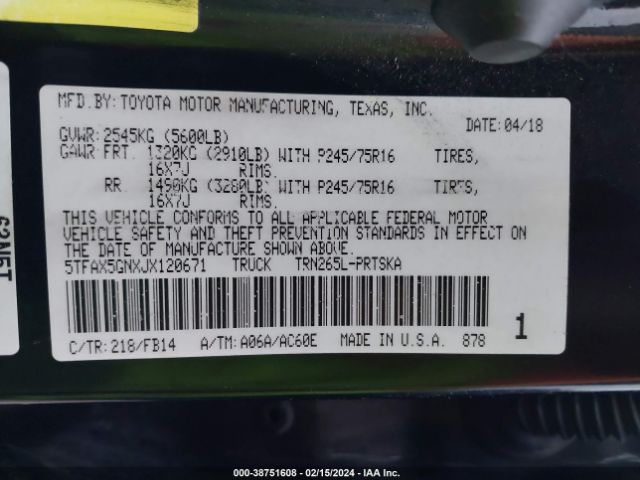 5TFAX5GNXJX120671 Toyota Tacoma Sr