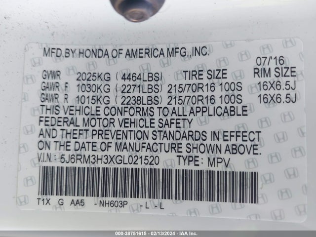 Honda CR-V LX 2016 5J6RM3H3XGL021520 Image 9