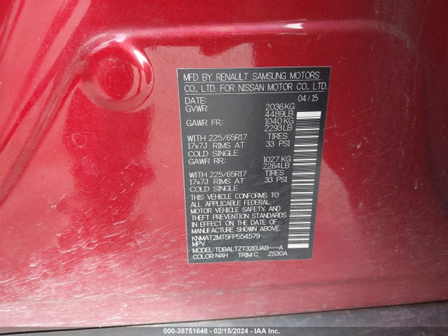 Nissan ROGUE SV 2015 KNMAT2MT5FP554579 Image 9