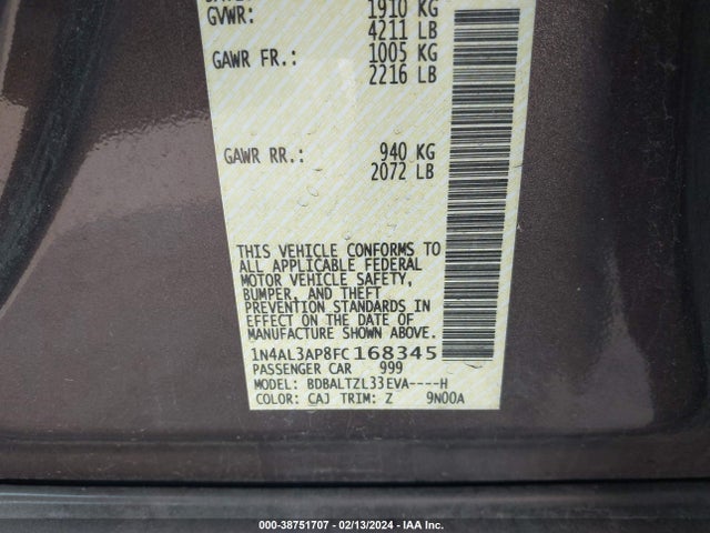 2015 NISSAN ALTIMA 2.5 SL VIN: 1N4AL3AP8FC168345