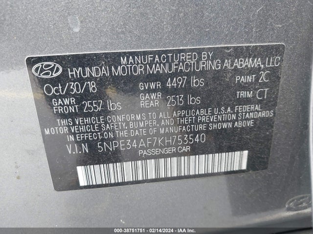 Hyundai Sonata Sport 2019 5NPE34AF7KH753540 Image 9