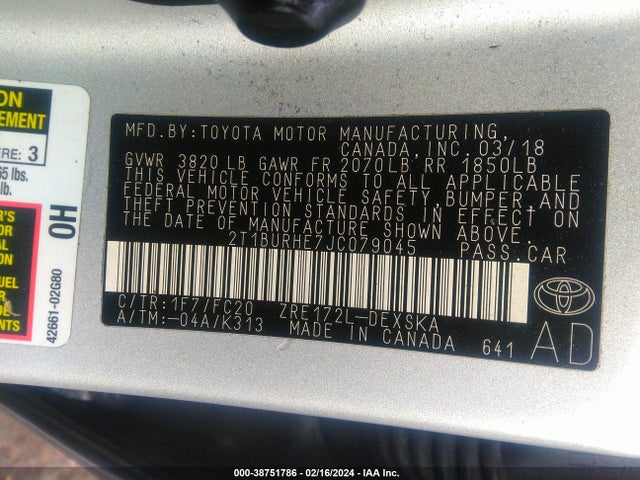 Toyota COROLLA SE 2018 2T1BURHE7JC079045 Image 9