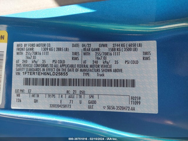 Продажа на аукционе авто 2022 Ford Ranger Xl, vin: 1FTER1EH6NLD25855, номер лота: 38751816