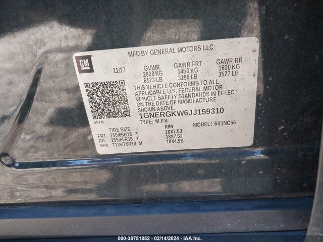 Chevrolet Traverse 1lt 2018 1GNERGKW6JJ159310 Image 9