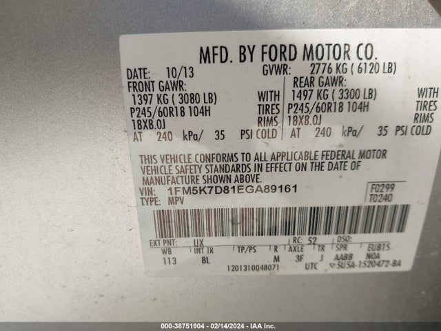 Ford EXPLORER XLT 2014 1FM5K7D81EGA89161 Image 9