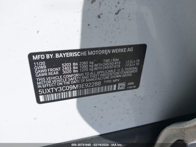 BMW X3 Sdrive30i 2021 5UXTY3C09M9E92288 Image 9