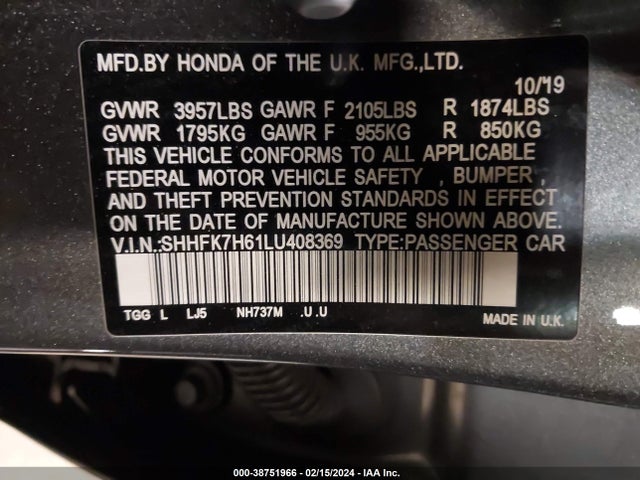 Honda CIVIC EX 2020 SHHFK7H61LU408369 Image 9