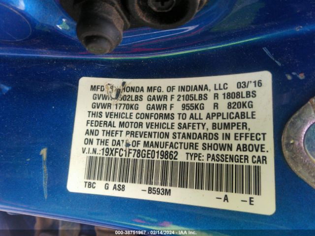 19XFC1F78GE019862 Honda Civic Ex-l