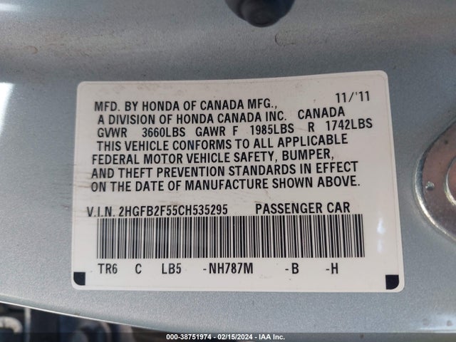 2012 HONDA CIVIC LX VIN: 2HGFB2F55CH535295