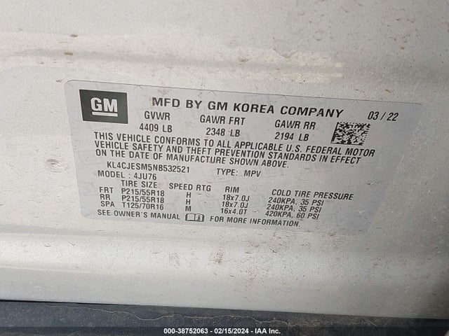 2022 BUICK ENCORE AWD PREFERRED VIN: KL4CJESM5NB532521