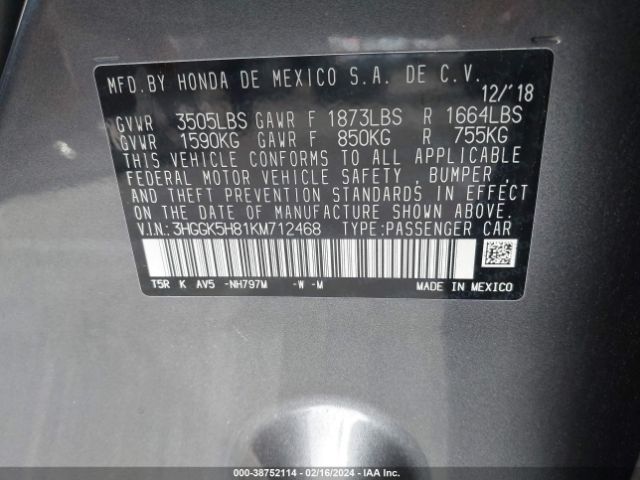 3HGGK5H81KM712468 Honda FIT EX