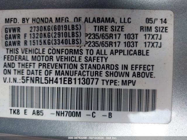 5FNRL5H41EB113077 Honda ODYSSEY EX