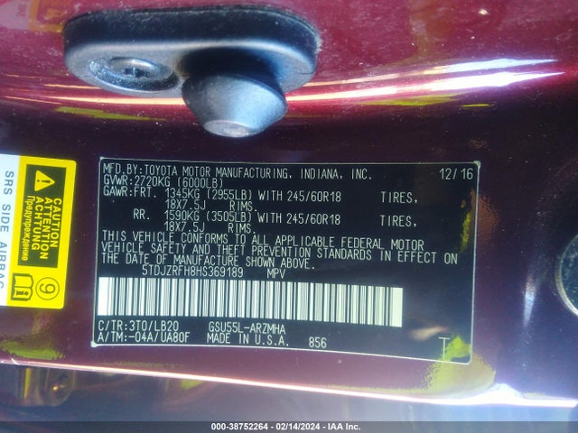 Продажа на аукционе авто 2017 Toyota Highlander Xle, vin: 5TDJZRFH8HS369189, номер лота: 38752264