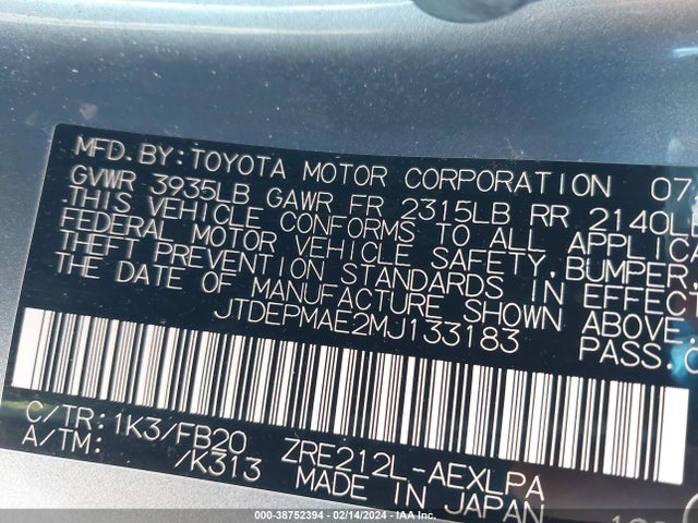 Toyota COROLLA LE 2021 JTDEPMAE2MJ133183 Image 9