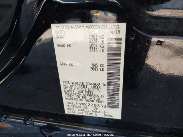 Nissan Altima 2.5 Sl 2019 1N4BL4EV9KC229358 Image 9