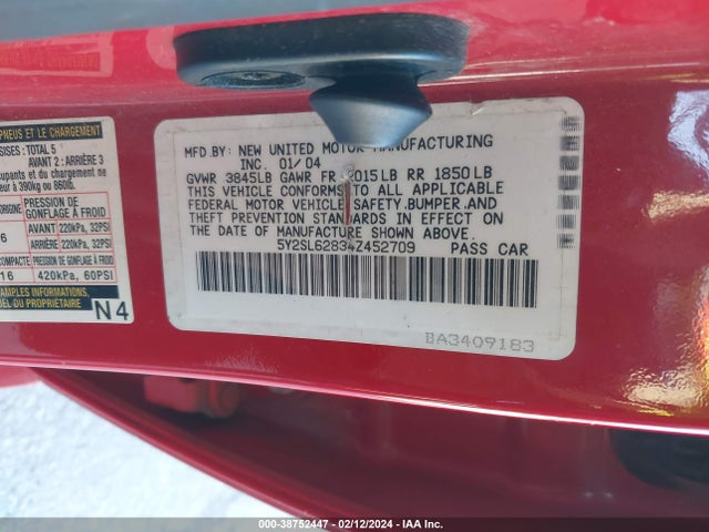 2004 PONTIAC VIBE VIN: 5Y2SL62834Z452709
