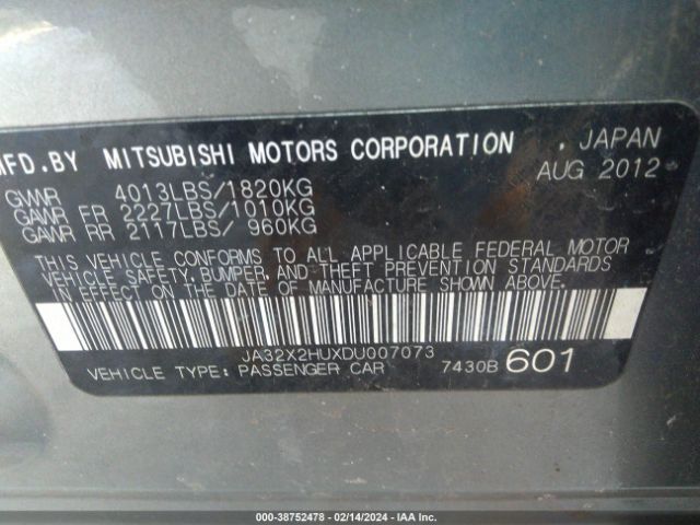 2013 MITSUBISHI LANCER SPORTBACK JA32X2HUXDU007073 Photo 8