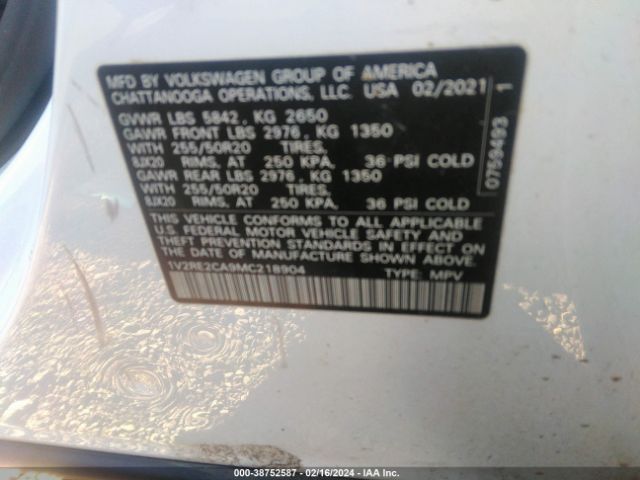 1V2RE2CA9MC218904 Volkswagen Atlas Cross Sport 3.6l V6 Se W/technology R-line
