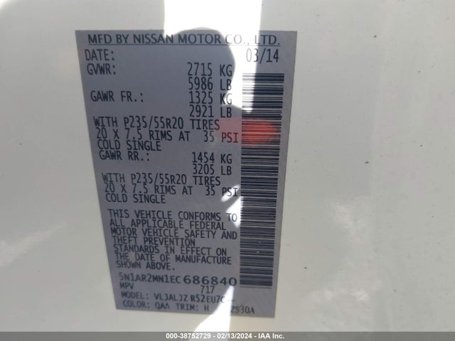 2014 NISSAN PATHFINDER PLATINUM VIN: 5N1AR2MN1EC686840
