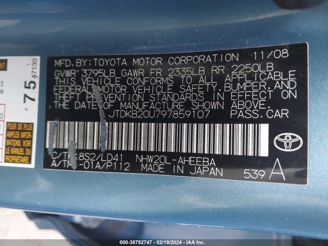 2009 TOYOTA PRIUS VIN: JTDKB20U797859107