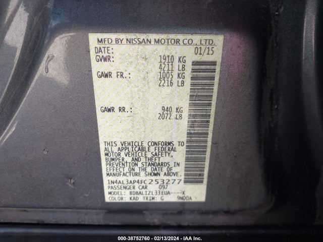 Nissan Altima 2.5 Sv 2015 1N4AL3AP4FC253277 Image 9