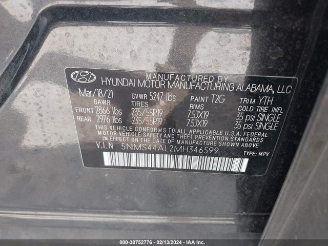 2021 HYUNDAI SANTA FE LIMITED VIN: 5NMS44AL2MH346599