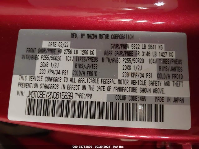 JM3TCBEY2N0615839 Mazda Cx-9 Signature