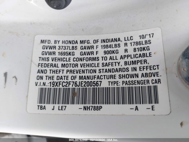 Honda CIVIC EX 2018 19XFC2F76JE200567 Image 9