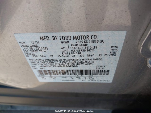 Ford Explorer Limited 2022 1FMSK7FHXNGA32599 Image 9