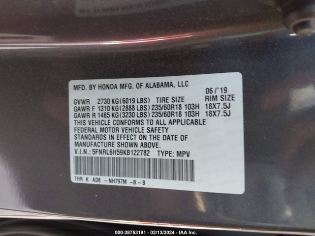 Honda ODYSSEY EX 2019 5FNRL6H59KB122782 Image 9