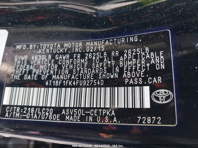 Toyota CAMRY XSE 2015 4T1BF1FK4FU927540 Image 9