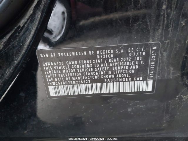 3VWC57BU7KM235922 Volkswagen Jetta 1.4t R-line/1.4t S/1.4t Se