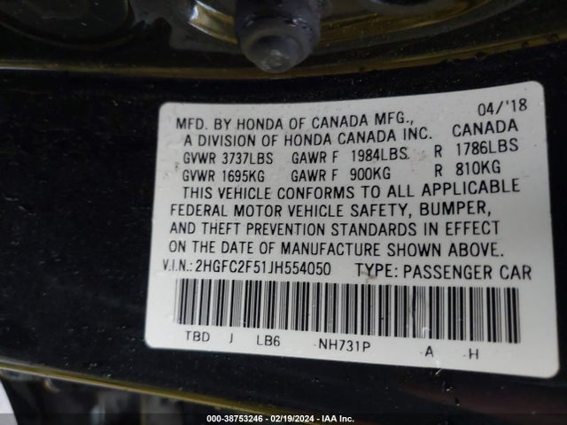 Honda Civic Lx 2018 2HGFC2F51JH554050 Image 9