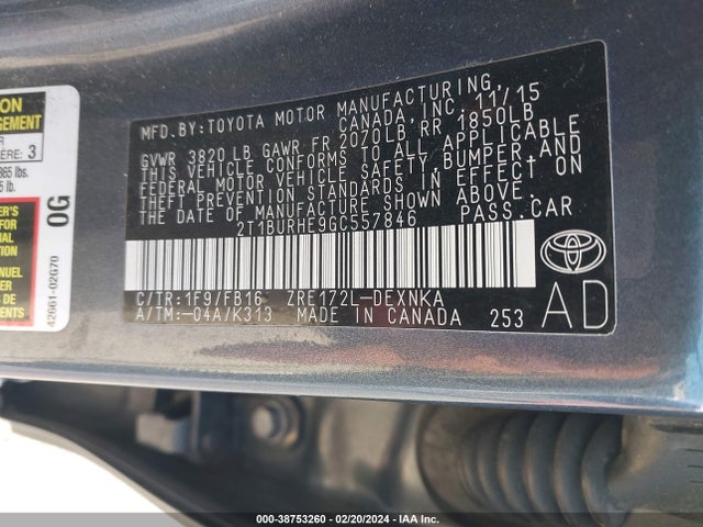 Toyota COROLLA LE 2016 2T1BURHE9GC557846 Image 9