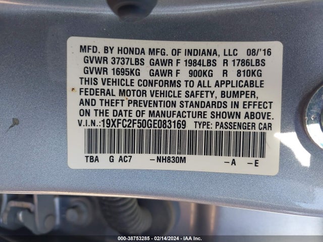 Honda Civic Lx 2016 19XFC2F50GE083169 Image 9