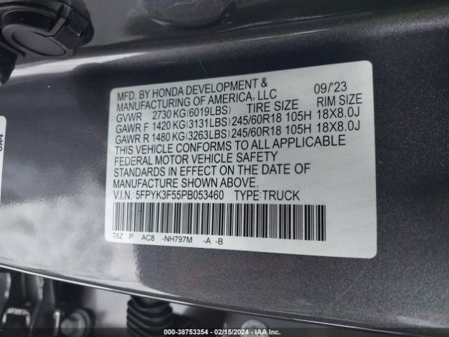 5FPYK3F55PB053460 Honda Ridgeline Rtl
