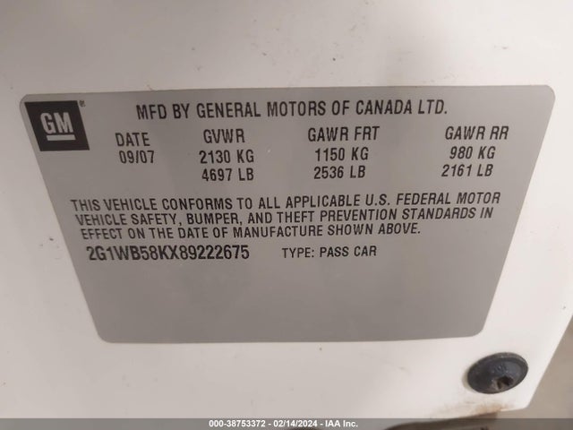 2008 CHEVROLET IMPALA LS VIN: 2G1WB58KX89222675