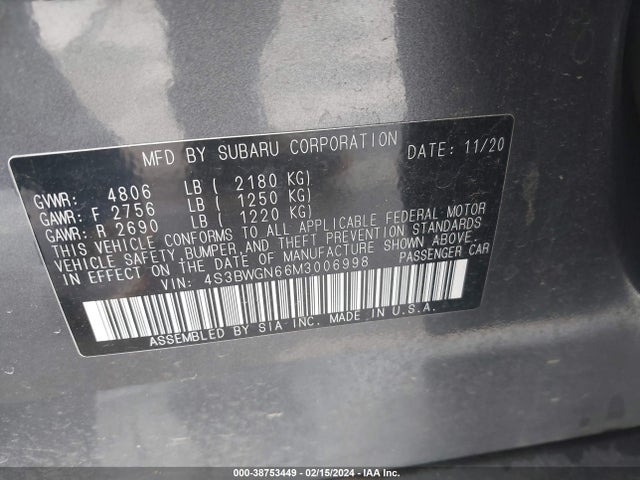 Subaru Legacy Limited Xt 2021 4S3BWGN66M3006998 Image 9