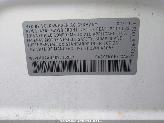 2011 VOLKSWAGEN CC SPORT VIN: WVWMN7AN0BE710267