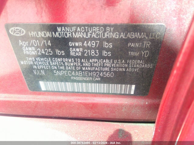 2014 HYUNDAI SONATA LIMITED 2.0T VIN: 5NPEC4AB1EH924560