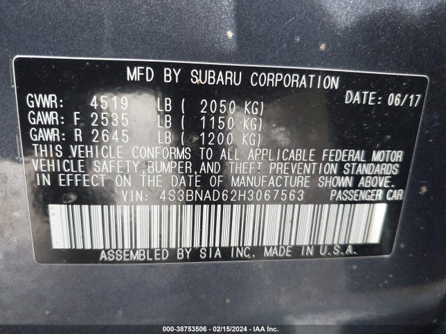 2017 SUBARU LEGACY 2.5I PREMIUM VIN: 4S3BNAD62H3067563