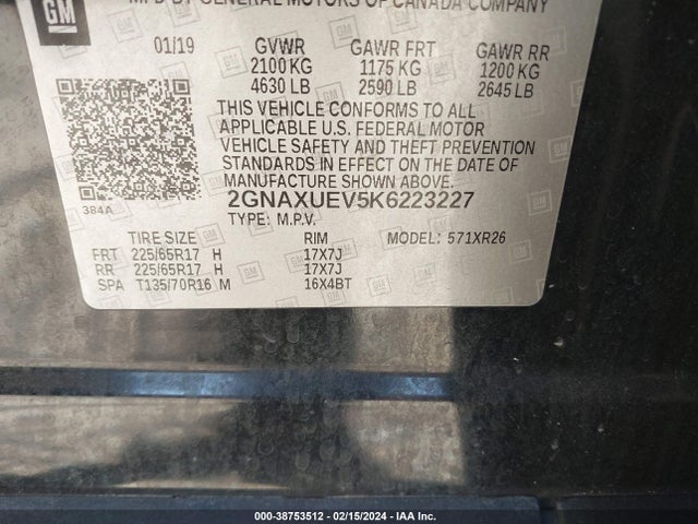Chevrolet EQUINOX LT 2019 2GNAXUEV5K6223227 Image 9