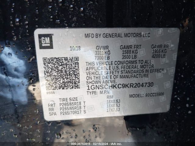 1GNSCHKC9KR204730 Chevrolet Suburban Lt