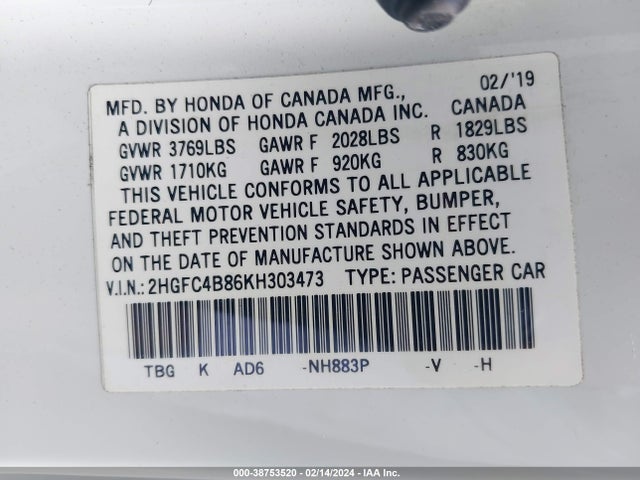 Honda Civic Sport 2019 2HGFC4B86KH303473 Image 9