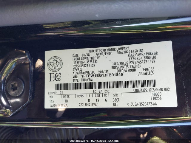 Ford F-150 Limited 2018 1FTEW1EG1JFB91846 Image 9